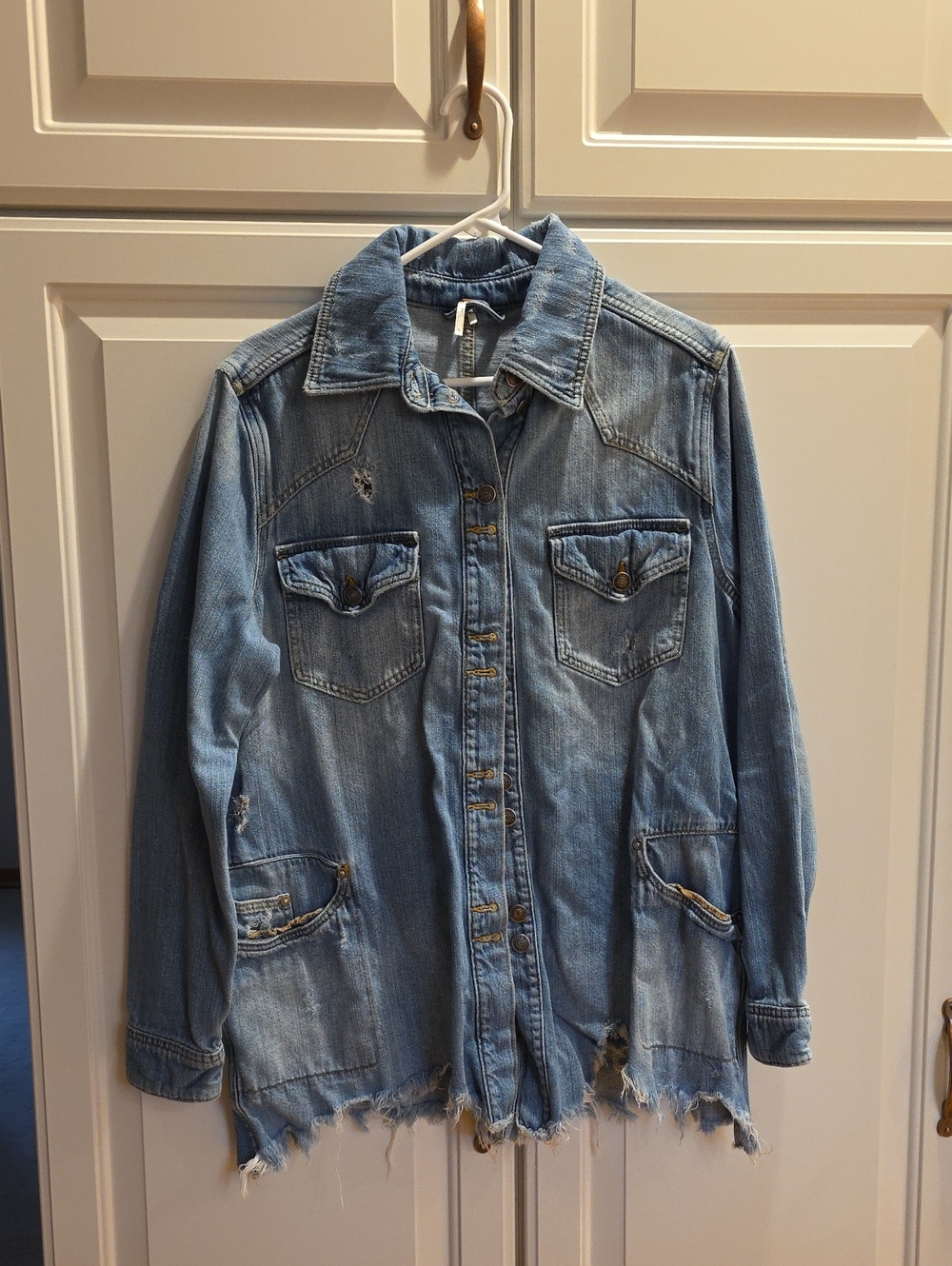 Free People Light Wash Distressed Denim Jacket - Blue